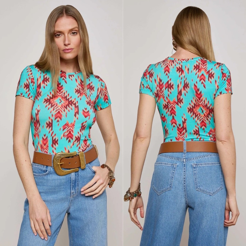 L'AGENCE Ressi Fitted Tee Women XS Pool Blue Multi Ganado Shirt Southwestern NEW
